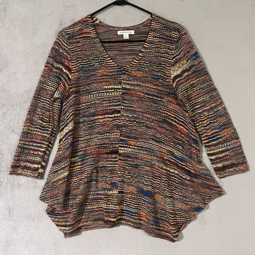 John Paul Richard Knit Tunic Top Autumn Colors Womens Sz L V-neck Long Sleeve